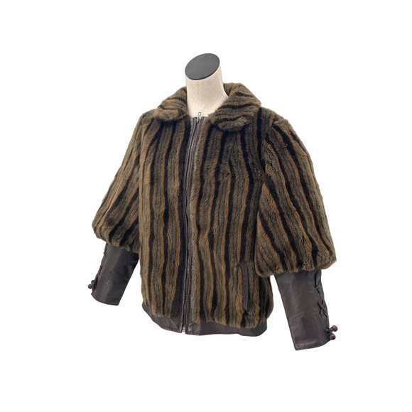 50s 60s Striped Faux Fur & Leather Criss Cross Cuff Puffed Sleeve Formal Coat - Picture 9 of 9